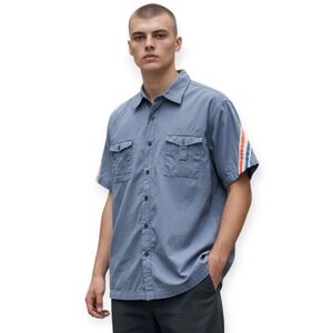 90s Dex Mechanic Shirt Short Sleeves Racing Stripes Slate Blue Mens Medium